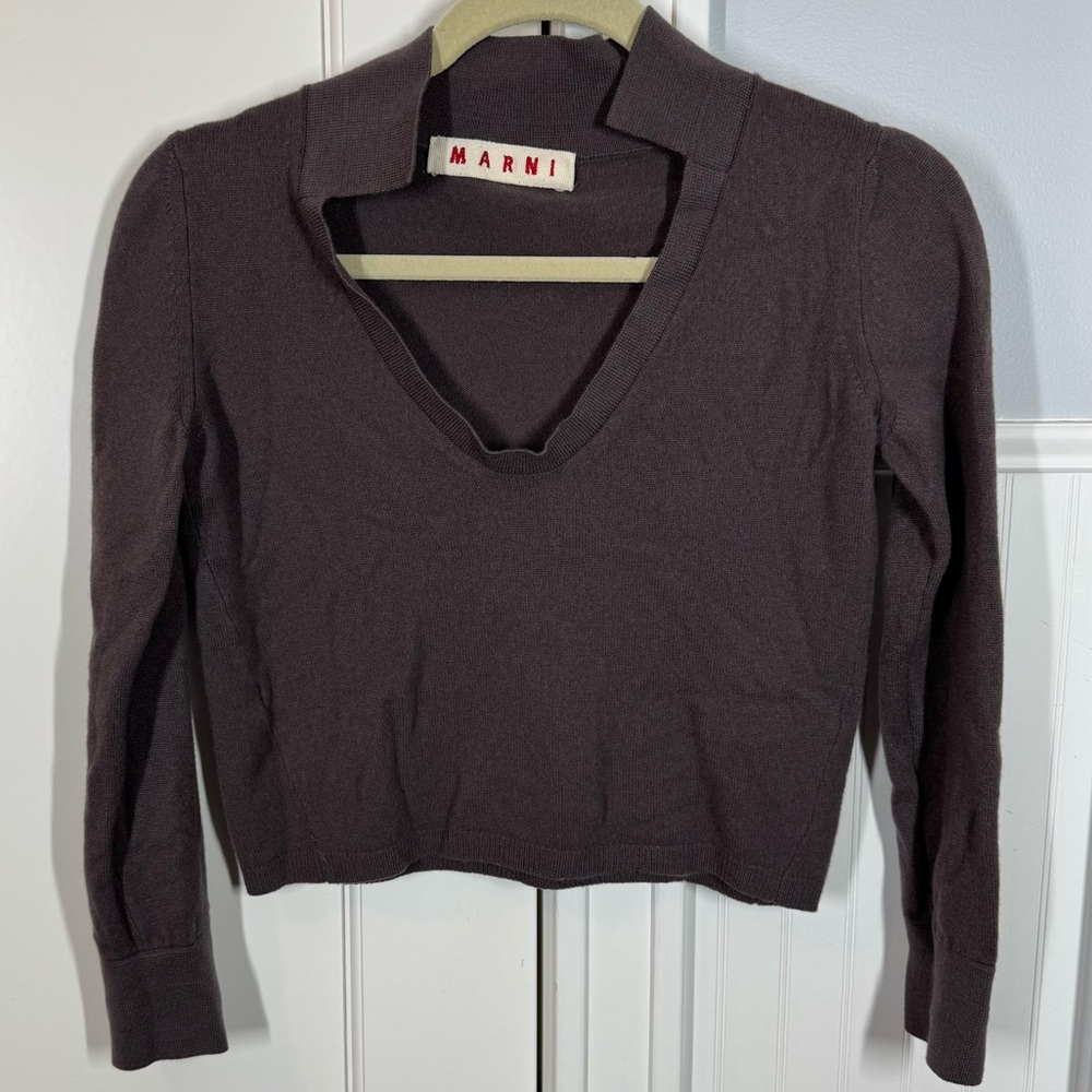 Marni Brown Cropped 100% Cashmere‎ Polo Knit Sweater Top size small quiet luxury